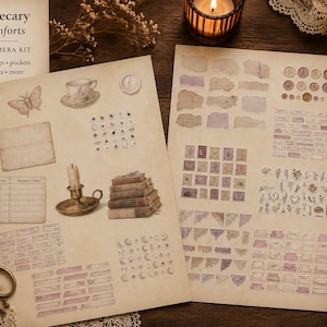 May include: Printable ephemera kit with vintage-style elements. Includes junk journal pages, tags, and pockets. The kit features illustrations of a teacup, butterfly, candle, and books. The text reads "The Apothecary of Small Comforts".