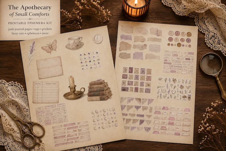 May include: Printable ephemera kit with vintage-style elements. Includes junk journal pages, tags, and pockets. The kit features illustrations of a teacup, butterfly, candle, and books. The text reads "The Apothecary of Small Comforts".