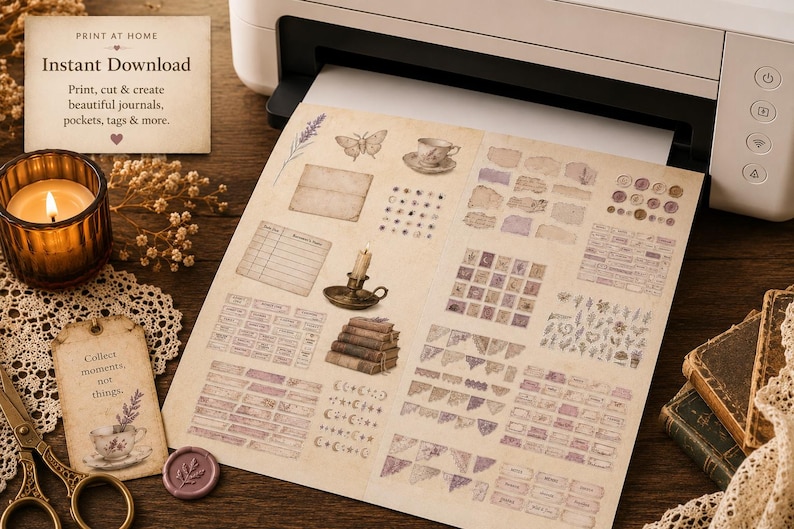 May include: A printer printing a sheet of vintage-style journal ephemera. The sheet includes illustrations of a teacup, butterfly, and candle, along with text that reads "Print at Home Instant Download". A lit candle and scissors are also visible.