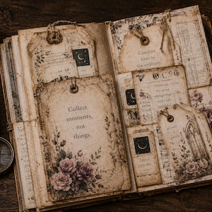 May include: An open vintage journal with decorative tags and floral accents. The tags feature quotes like "Collect moments, not things." and "Comfort lives in the ordinary." A candle, a magnifying glass, and a bottle with text are also present.