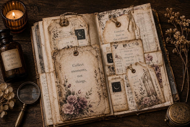 May include: An open vintage journal with decorative tags and floral accents. The tags feature quotes like "Collect moments, not things." and "Comfort lives in the ordinary." A candle, a magnifying glass, and a bottle with text are also present.