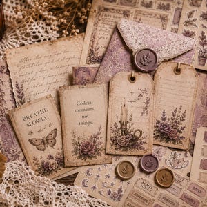 May include: A collection of vintage-style stationery items in shades of beige and purple. The image includes aged paper, tags, stickers, and a lace-trimmed envelope. Some items feature floral designs, butterflies, and inspirational quotes. A lit candle adds a warm glow.