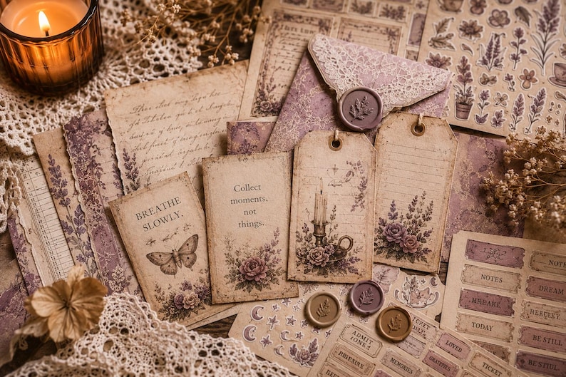 May include: A collection of vintage-style stationery items in shades of beige and purple. The image includes aged paper, tags, stickers, and a lace-trimmed envelope. Some items feature floral designs, butterflies, and inspirational quotes. A lit candle adds a warm glow.