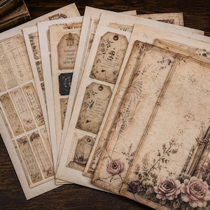 May include: A collection of vintage-style paper ephemera, including tags, journal pages, and decorative sheets. The papers feature aged textures, botanical illustrations, and faded text. A pair of gold scissors and dried flowers are also present.