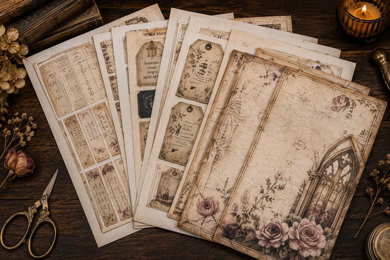 May include: A collection of vintage-style paper ephemera, including tags, journal pages, and decorative sheets. The papers feature aged textures, botanical illustrations, and faded text. A pair of gold scissors and dried flowers are also present.