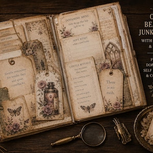 May include: Open junk journal with vintage-style pages, tags, and pockets. The journal features floral and butterfly illustrations, with text like "Gentle reminders" and "There is no rush." A candle and magnifying glass are also visible.
