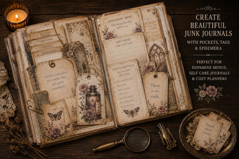 May include: Open junk journal with vintage-style pages, tags, and pockets. The journal features floral and butterfly illustrations, with text like "Gentle reminders" and "There is no rush." A candle and magnifying glass are also visible.