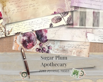 Sugar Plum Apothecary Printable Junk Journal Pages | Vintage Lace Papers | Romantic Ephemera Kit
