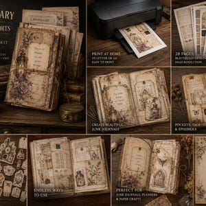 May include: A printable junk journal kit with a vintage apothecary theme. The kit includes 28 pages, pockets, tags, and ephemera. The image shows printed pages, a printer, and examples of finished journals. The kit is designed for junk journals, scrapbooking, and paper crafts.