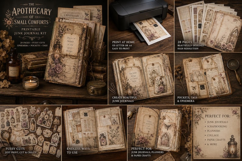 May include: A printable junk journal kit with a vintage apothecary theme. The kit includes 28 pages, pockets, tags, and ephemera. The image shows printed pages, a printer, and examples of finished journals. The kit is designed for junk journals, scrapbooking, and paper crafts.
