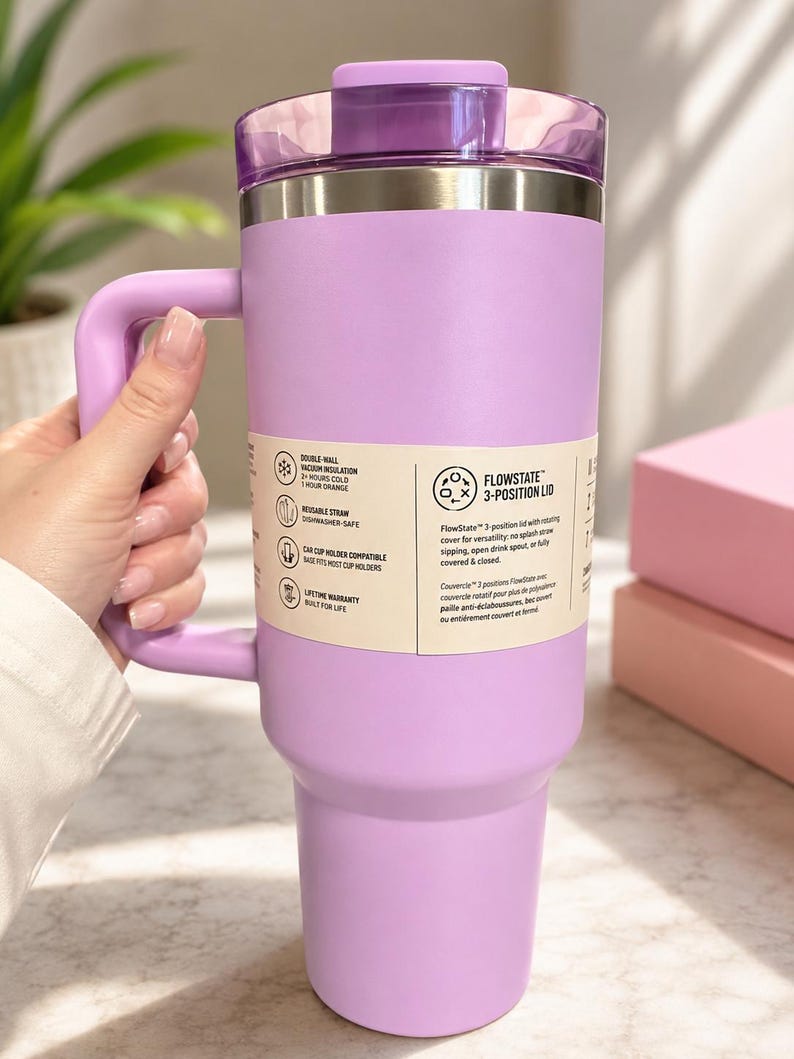 May include: A lavender insulated travel mug with a handle and a 3-position lid. The mug features double-wall vacuum insulation and is dishwasher safe. The text on the mug reads "FLOWSTATE 3-POSITION LID".