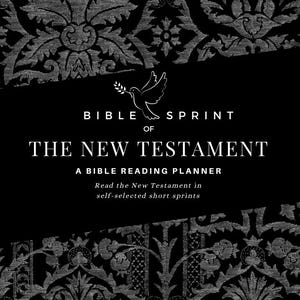 Puede incluir: Una imagen en blanco y negro de una paloma con una rama de olivo en su pico. El texto "BIBLE SPRINT OF THE NEW TESTAMENT A BIBLE READING PLANNER Read the New Testament in self-selected short sprints" está debajo de la paloma.