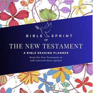 Könnte beinhalten: Ein blauer und weißer Umschlag mit einer Taube und dem Text "Bible Sprint of The New Testament: A Bible Reading Planner. Read the New Testament in self-selected short sprints." Der Umschlag ist mit bunten Blumen verziert.