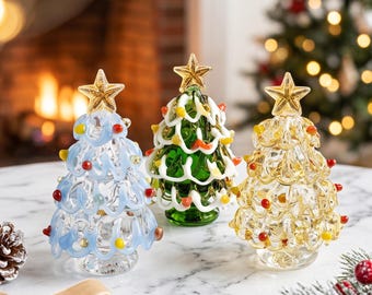 Hand Blown Glass Christmas Tree Figurine, Mini Glass Xmas Tree, Colorful Holiday Table Decor, Christmas Gift