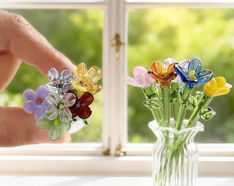 Handcrafted Mini Glass Flower Bouquet, Personalized Glass Birth Flower Bouquet, Mini Floral Vase for Mom Grandma, Mother’s Day Gift