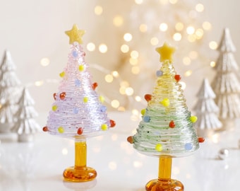 Mini Glass Christmas Tree Gift for Mom, Pretty Handmade Xmas Figurine, Small Holiday Table Decor, Family Christmas Gift