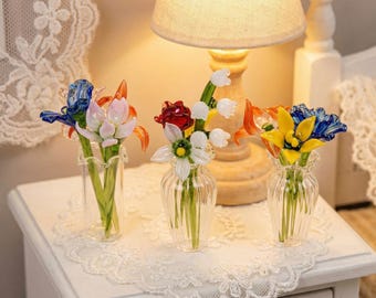 Personalized Birth Month Glass Flower Bouquet, Mini Gift for Mom, Grandma, Mother’s Day Gift, Glass Flower Bouquet With vase, Birthday gift