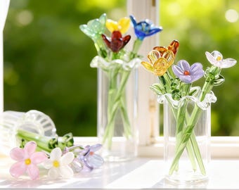 Mini Glass Flower Bouquet Set, Birth Month Flowers in Vase, Hand Blown Borosilicate Floral Figurines, Personalized Gift for Her/Mom/Techer