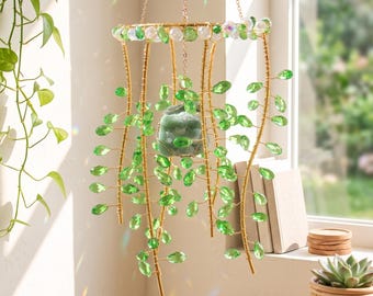 Green Leaf Crystal Suncatcher Wind Chime, Rainbow Maker Window Hanging, Boho Home Decor, Crystal Prism Ornament, Gift for Her