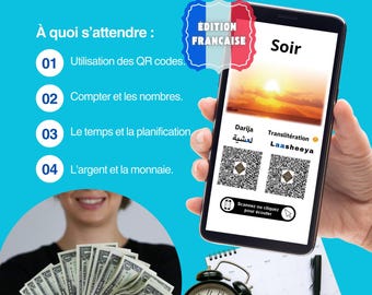 May include: A colorful illustration of a smartphone with a QR code and the text "Darija" and "Laasheeya" in Arabic and English. The illustration is part of a larger image that includes a clock, money, and a calendar. The text "Darija en chiffres" is at the top of the image.