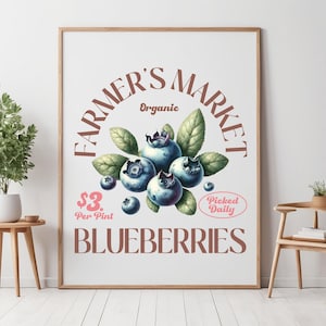 Organic Farmers Market Blueberry Wall Art | Farmhouse Kitchen Printable | Rustic Fruit Digital Download | Blueberry Decor Sign