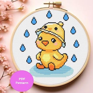 Cuddly Duckling Cross Stitch PDF Pattern, Beginner-Friendly - Cute Animal Spring, duck in the rain, Fun Modern Cross Stitch design, diy gift