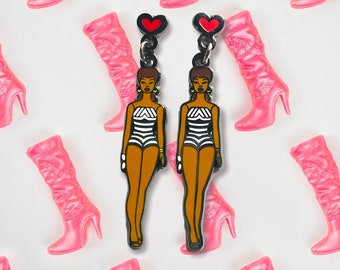 Pendientes de púas - Pendientes vintage de púas negras esmaltadas - Pendientes de mujer - Pendientes personalizados - Púas - Magia de chica negra - Muñeca negra