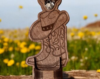 Abridor de botellas de cerveza magnético de madera con botas y sombrero de vaquera
