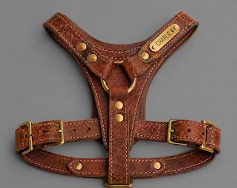 Personalized Handmade Leather Dog Harness Custom Engraved Adjustable Tactical Walking Training Durable