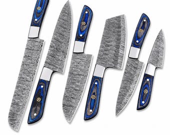 Handmade Damascus Steel Chef Knives Set | Blue Ergonomic Handle Kitchen Knives