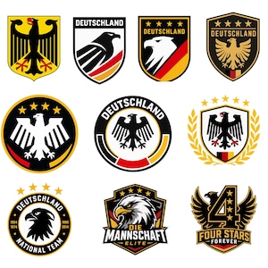 May include: A collection of eleven graphic emblems featuring German national symbols, including eagles, shields, and the text DEUTSCHLAND, DIE MANNSCHAFT, and FOUR STARS FOREVER. The designs utilise a colour palette of black, red, gold, and white.