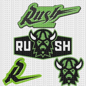 May include: A set of green and black graphic designs, including the word "Rush" and a stylized bison head. The designs feature a wordmark, a logo with the letters "RU SH", and a bison head icon. Suitable for sports teams or merchandise.