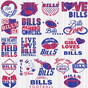 May include: A collection of 15 digital designs featuring the Buffalo Bills logo and various phrases related to the team. The designs are in blue, red, and white, and include phrases like "Go Bills Go", "Live Love Bills Football", and "Love My Bills".