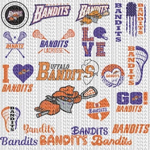 May include: A digital collage featuring various designs and logos related to the Buffalo Bandits lacrosse team. The designs include the team's logo, the words "Buffalo Bandits", "I Love Bandits", and "Go Bandits", as well as lacrosse sticks and hearts. The colors used are orange, purple, and white.