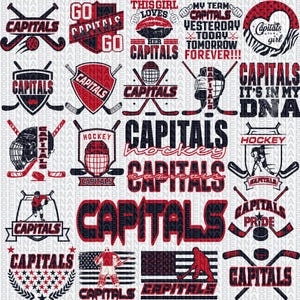 Op de afbeelding: Een verzameling van 16 digitale ontwerpen met het logo van het Washington Capitals ijshockeyteam. De ontwerpen bevatten verschillende zinnen en afbeeldingen die verband houden met het team, zoals "Go Capitals Go", "Capitals Hockey" en "Capitals Pride".