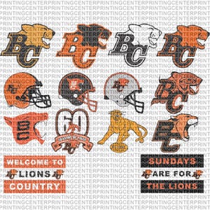 Könnte beinhalten: Eine Sammlung von orangefarbenen und schwarzen Sportgrafiken, darunter Helme, Löwenlogos und stilisierte Schriftzüge. Der Text enthält "Welcome to Lions Country" und "Sundays are for the Lions."