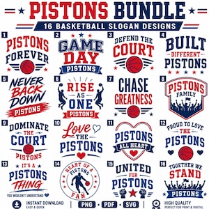 Puede incluir: Un paquete digital de 16 diseños gráficos con temática de baloncesto que incluyen el texto PISTONS BUNDLE y varios eslóganes como PISTONS FOREVER, DEFEND THE COURT y RISE AS ONE. Los diseños utilizan una paleta de colores rojo, blanco y azul.