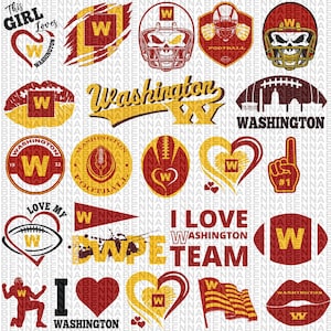 May include: A collection of 20 different designs featuring the letter "W" in various styles, including hearts, footballs, and a skull. The designs are in shades of red, yellow, and white, and some include the word "Washington".