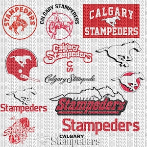 Puede incluir: Una colección de logotipos y gráficos de los Calgary Stampeder en rojo y negro. Los diseños incluyen un caballo salvaje, las palabras "Calgary Stampede" y "Stampeders", y un casco.