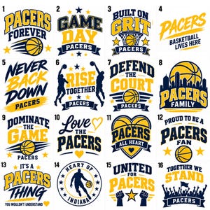 May include: A collection of sixteen graphic designs featuring basketball themes, the word Pacers, and various slogans in navy blue and yellow. Each design incorporates basketballs, silhouettes of players, stars, and text elements.