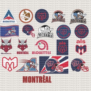 Peut inclure: Divers logos et graphiques des Alouettes de Montréal en rouge, blanc et bleu. Comprend des modèles de casques, des variations de noms d'équipe et des emblèmes circulaires, adaptés aux articles de sport.