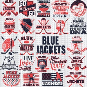 May include: A collection of red, white, and blue hockey-themed graphics. Designs include hockey sticks, pucks, helmets, and text such as "Blue Jackets," "Hockey," and "Live Love Jackets." Ideal for sports fans.