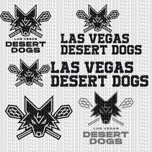 May include: A repeating pattern featuring the Las Vegas Desert Dogs logo and text. The logo is a stylized coyote head with crossed lacrosse sticks. The text reads "LAS VEGAS DESERT DOGS" in bold, sans-serif font. The design is in black and white.