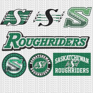 May include: Various Saskatchewan Roughriders logos and text in green and white. The logos feature the letter "S" and the words "Roughriders" and "Saskatchewan".