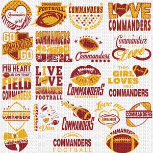 May include: A digital collage of various designs featuring the Washington Commanders football team logo. The designs include phrases like "Go Commanders Go", "Live Love Commanders Football", and "This Girl Loves Her Commanders". The designs are in shades of burgundy and gold.