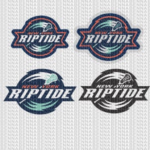 Puede incluir: Cuatro diseños de logotipos de equipos de lacrosse. Cada logotipo presenta el texto "New York Riptide" en una fuente estilizada, con un gráfico de palo y pelota de lacrosse. Los logotipos son en azul marino, naranja y verde azulado.