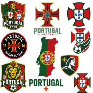 Peut inclure: Une collection d'emblèmes et de logos sur le thème du Portugal avec les couleurs nationales rouge et vert, la croix de l'Ordre du Christ, les armoiries portugaises, un lion, un chevalier, un ballon de football et le texte Portugal.