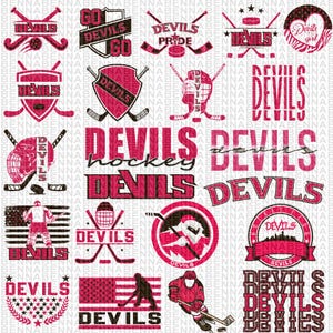 May include: A collection of pink and black hockey-themed graphics. Designs include the word "Devils" in various fonts, hockey sticks, helmets, and shield emblems. Some designs incorporate the American flag.