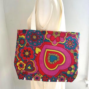 Large Linen Tote made from Vintage Irish 60&#39;s Flower Power Carnaby Close for Ulster Linen Tea Towel, Hearts, bright colors