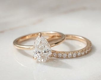 Conjunto de anillos de boda solitario, conjunto de anillos de compromiso de diamantes y moissanita en forma de pera y redonda, alianza apilable de media eternidad, conjunto de anillos para uso diario.